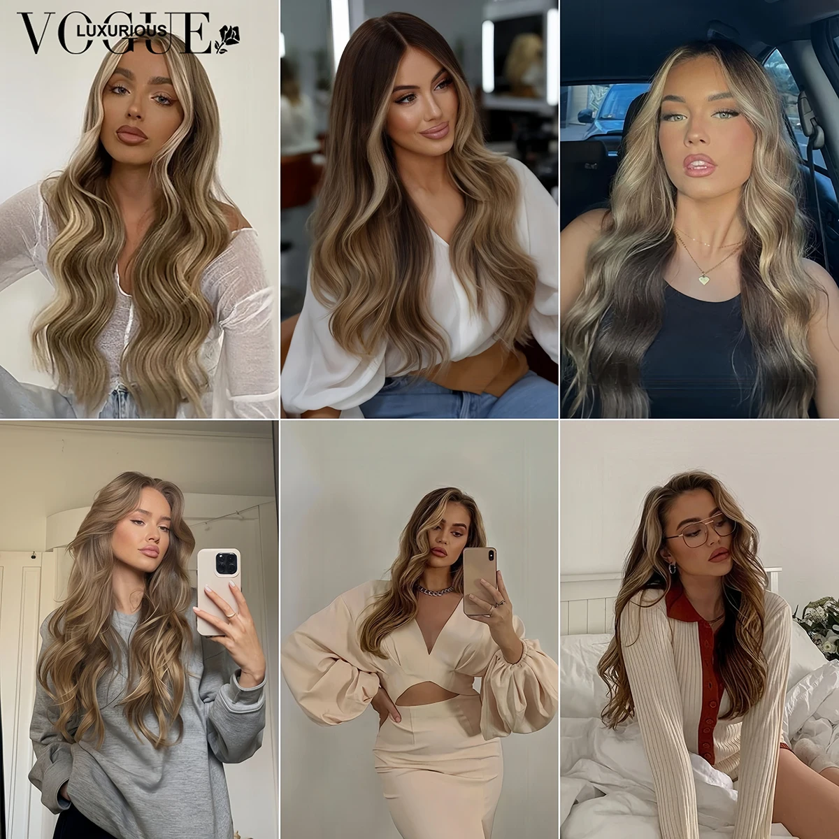 LUX VOGUE ضبابي مذهب بني Balayage اللون بيتشي موجة 100% شعر مستعار عذراء 260 كثافة قطعة المال تسليط الضوء على 13x6 ترقية الدانتيل #5