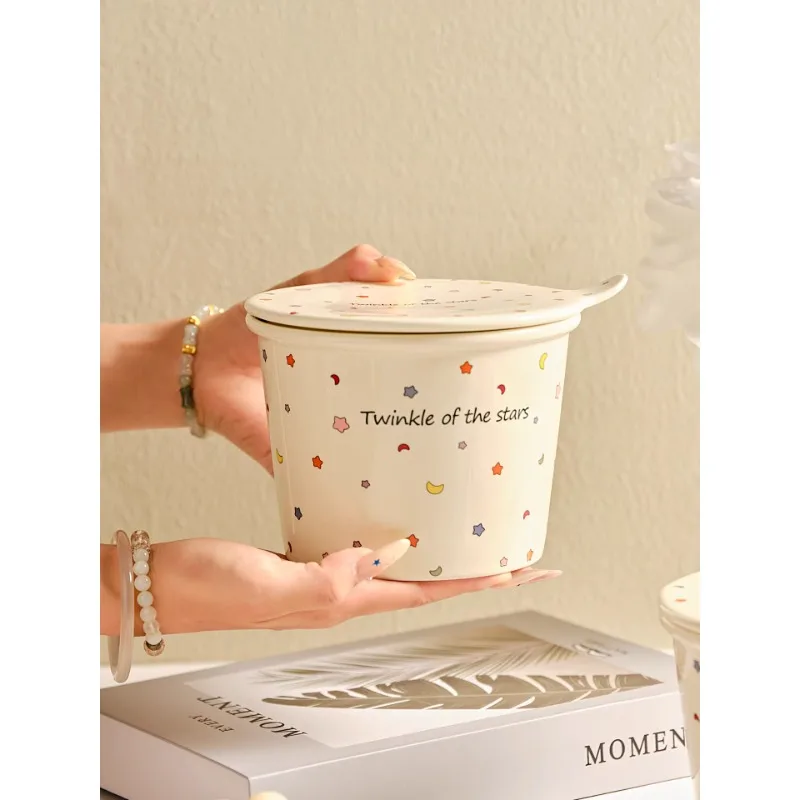

Korean Instant Noodles Bowl with Cover Ceramic Large Capacity Microwave Noodles in Soup Bowl for Student Dormitory