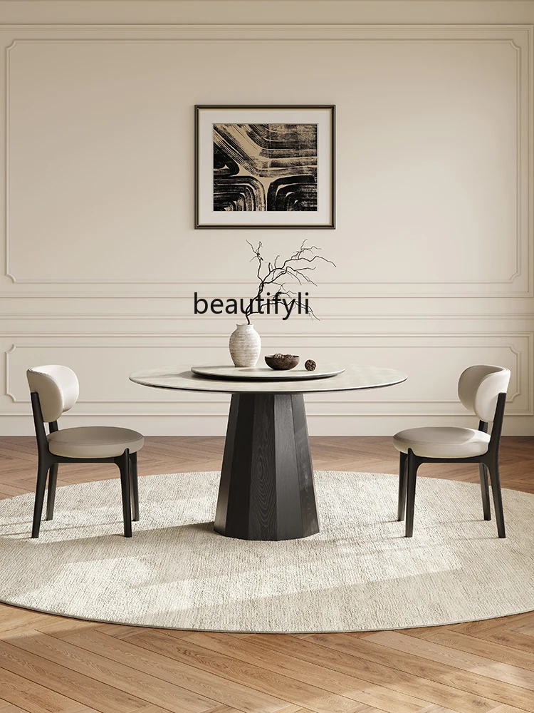 Retro Solid Wood round Table Nordic Modern Simple Home Matte Stone Plate Dining Table with Turntable