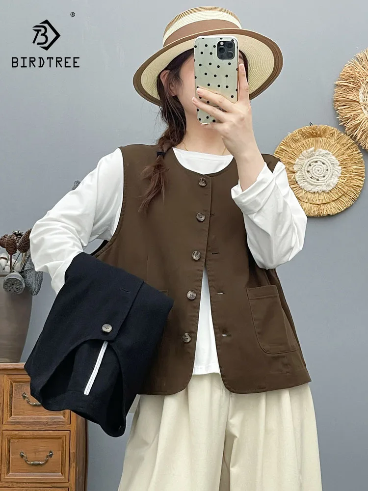 

New 2025 Autumn Cotton Vest, Women O Neck Buttons Double Pocket Patchwork, Mori Girl Simplicity OL Commute Loose Coat C5N328CC