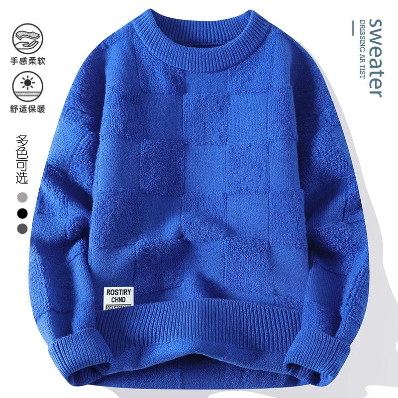 

2024 Men's Fashion Casual Sweaters Knittwear Autumn/Winter Men Solid color Grid pattern sweater Thick Warm wool pullovers M-4XL