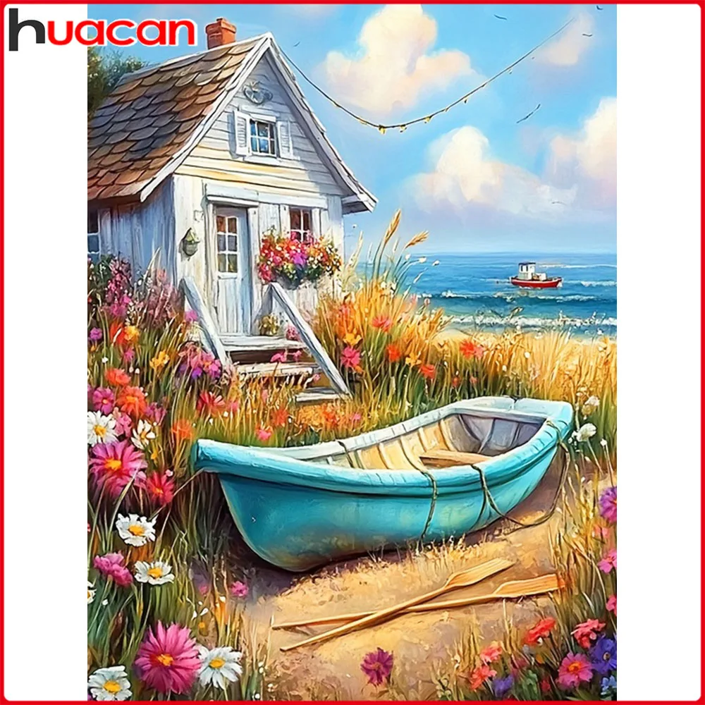 Huacan Volldiamantgemälde am Meer, Boot, Haus, Diamant-Stickerei, Landschaft, komplettes Kit, Heimdekoration