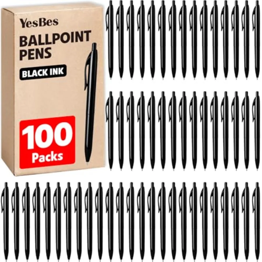 

100 Pack Ballpoint Pens Bulk, Retractable Black Pens Ballpoint Medium Point 1mm for Smooth Writing, No Bleed Ink Pens Clear Lin