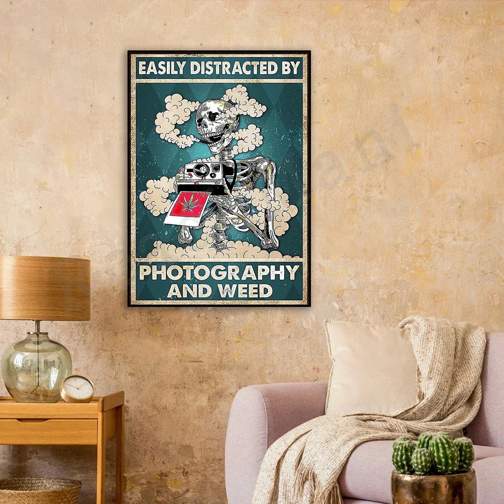 

Photographer Easily Distracted By Photography And Weed Poster, Photographer Poster Wall Art, Skull Art