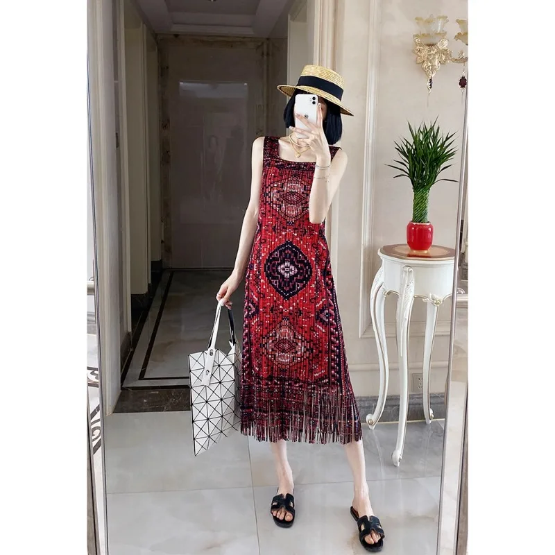 SMVP 여성 우아한 드레스 스퀘어 넥 민소매 빈티지 인쇄 술 디자인 느슨한 대형 캐주얼 드레스 2025 여름 새로운