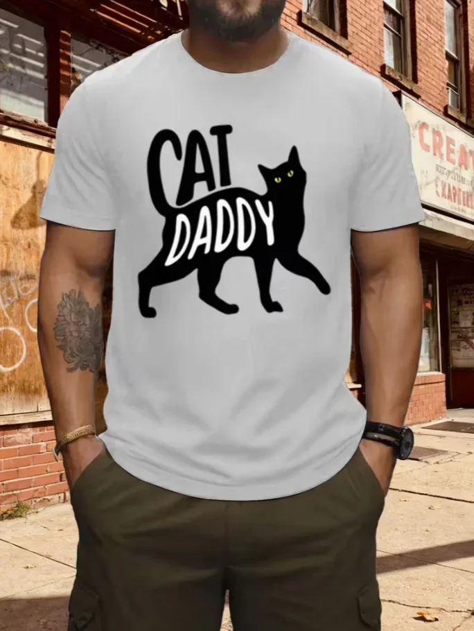 Men'S Stylish Casual Short-Sleeve T-Shirt with 'Funny Cat Dad Text Cartoon Cat Graphic Print Comfortable And Versatile T-Shirt