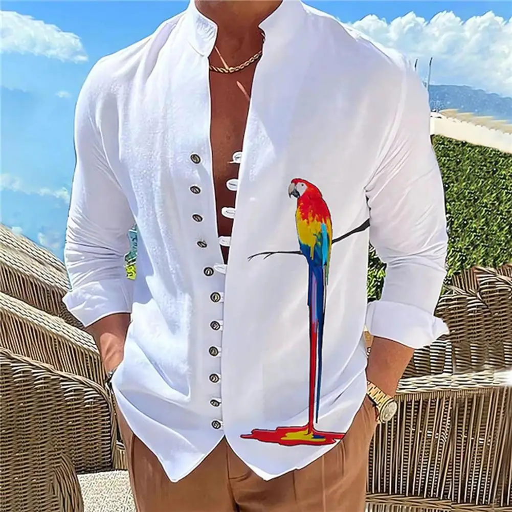 NEW Spring Autumn Cotton Linen Men's Long-Sleeved Shirts Solid Color Parrot Printing Stand-Up Collar Casual Plus Size Male Top