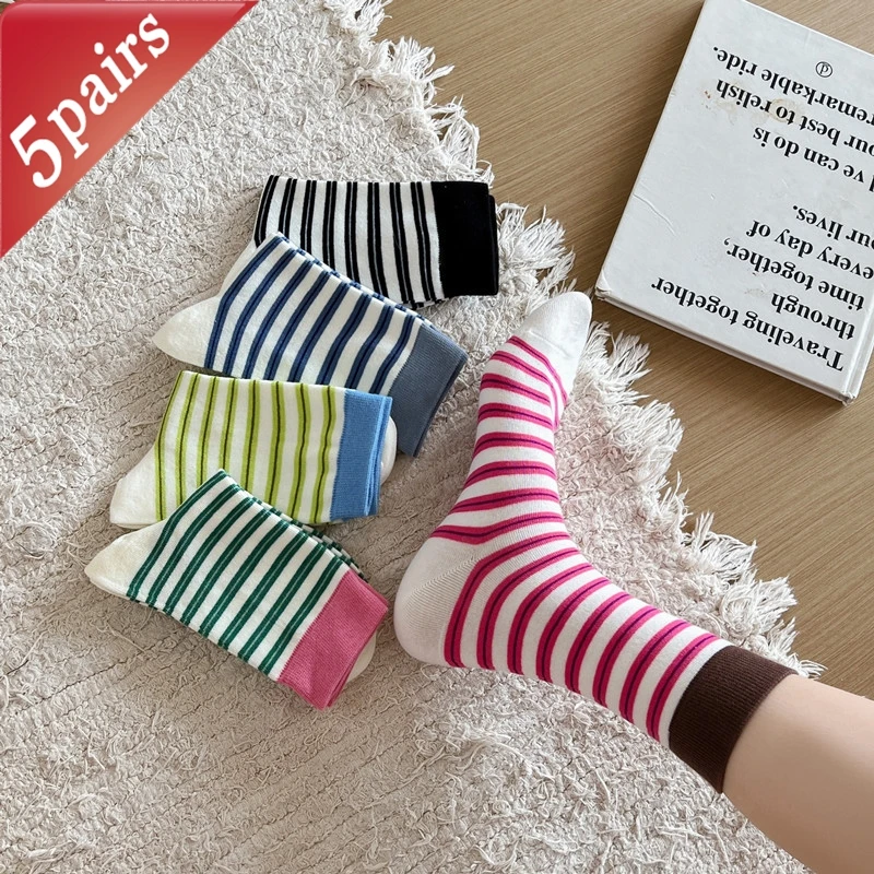 

5 Pairs Women's Socks Set Korean Striped Casual Preppy Style Versatile Middle Tube Socks Comfortable High-quality Cotton Socks