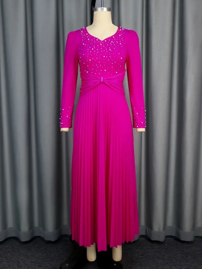 

Rose Red Pleated Dresses Beaded V Neck Long Sleeve High Waist A Line Evening Cocktail Party Ankle Length Fit and Flare Gowns