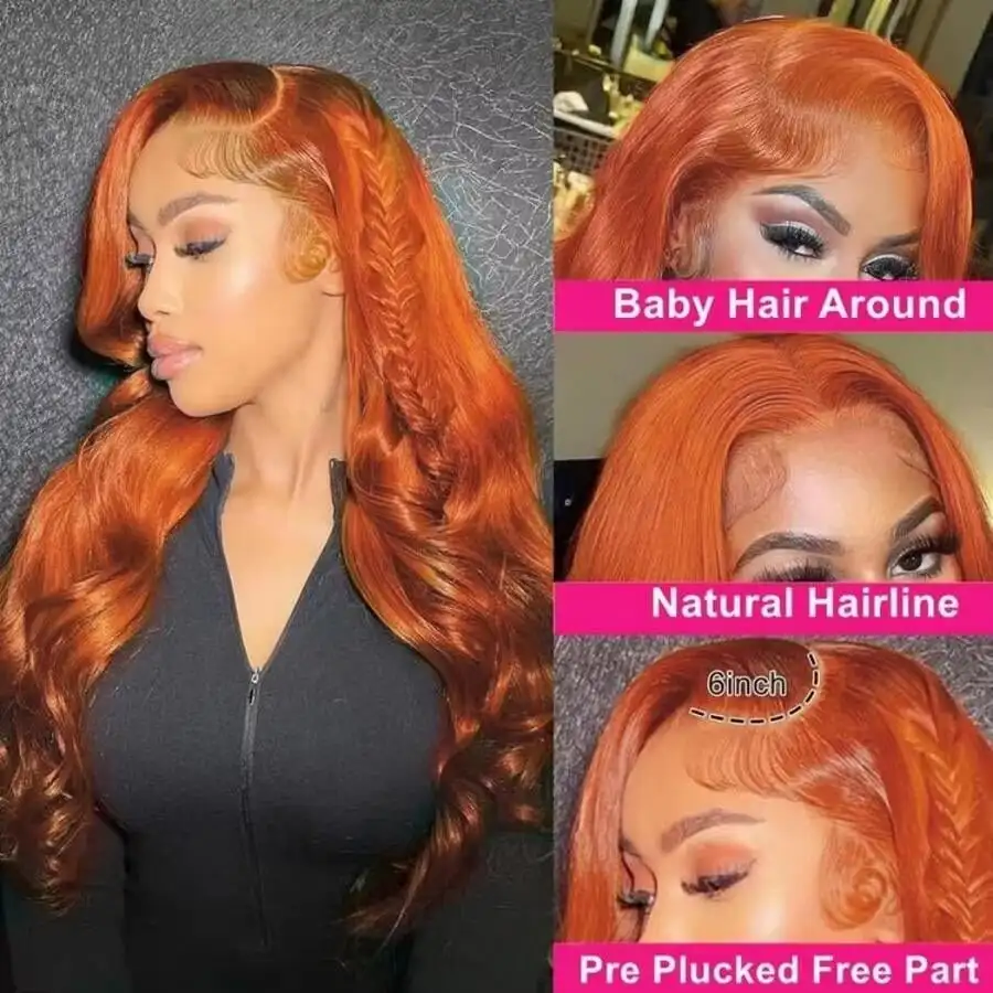 Ginger Orange 13X6 Hd Lace Frontal Human Hair Wig 200 Density Body Wave Human Hair Wigs 13X4 Brazilian Orange Colored Hair For Women view 4