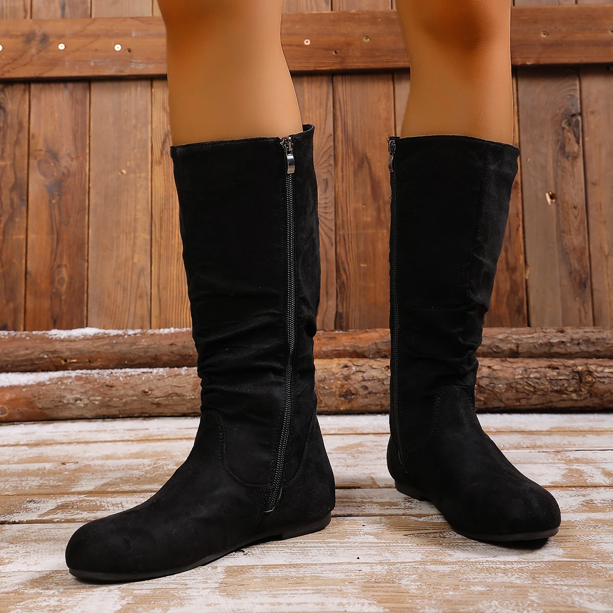 Heißer Verkauf Damen Stiefel Side Zip Mittlere Waden Stiefel Trend Wildleder Frauen Flache Stiefel Luxus Plus Größe Frauen Schuhe Hohe Qualität Botas Mujer – Detail 12