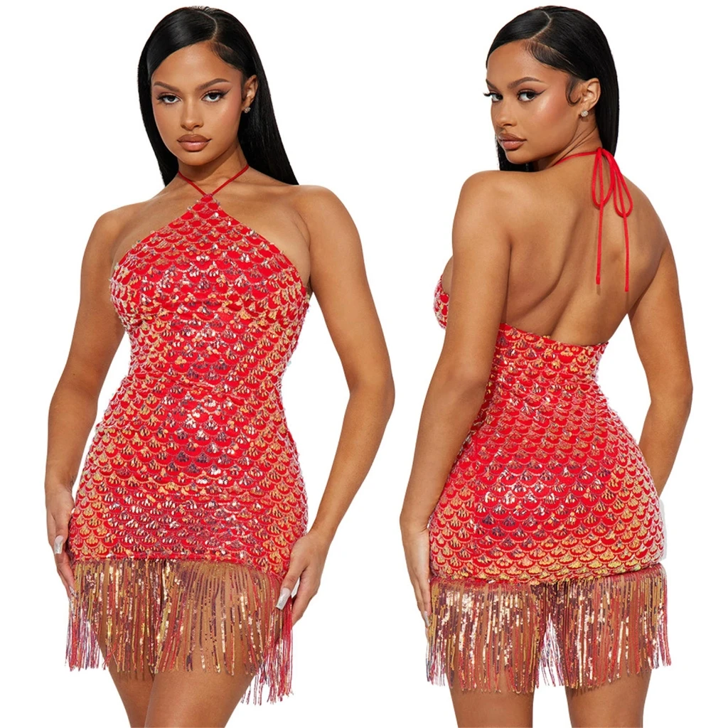 Women\'s Sexy Halter Neck Bodycon Mini Dress Splid Color Backless Sleeveless Sequins Tassels Short Dress Party Clubwear Dropship