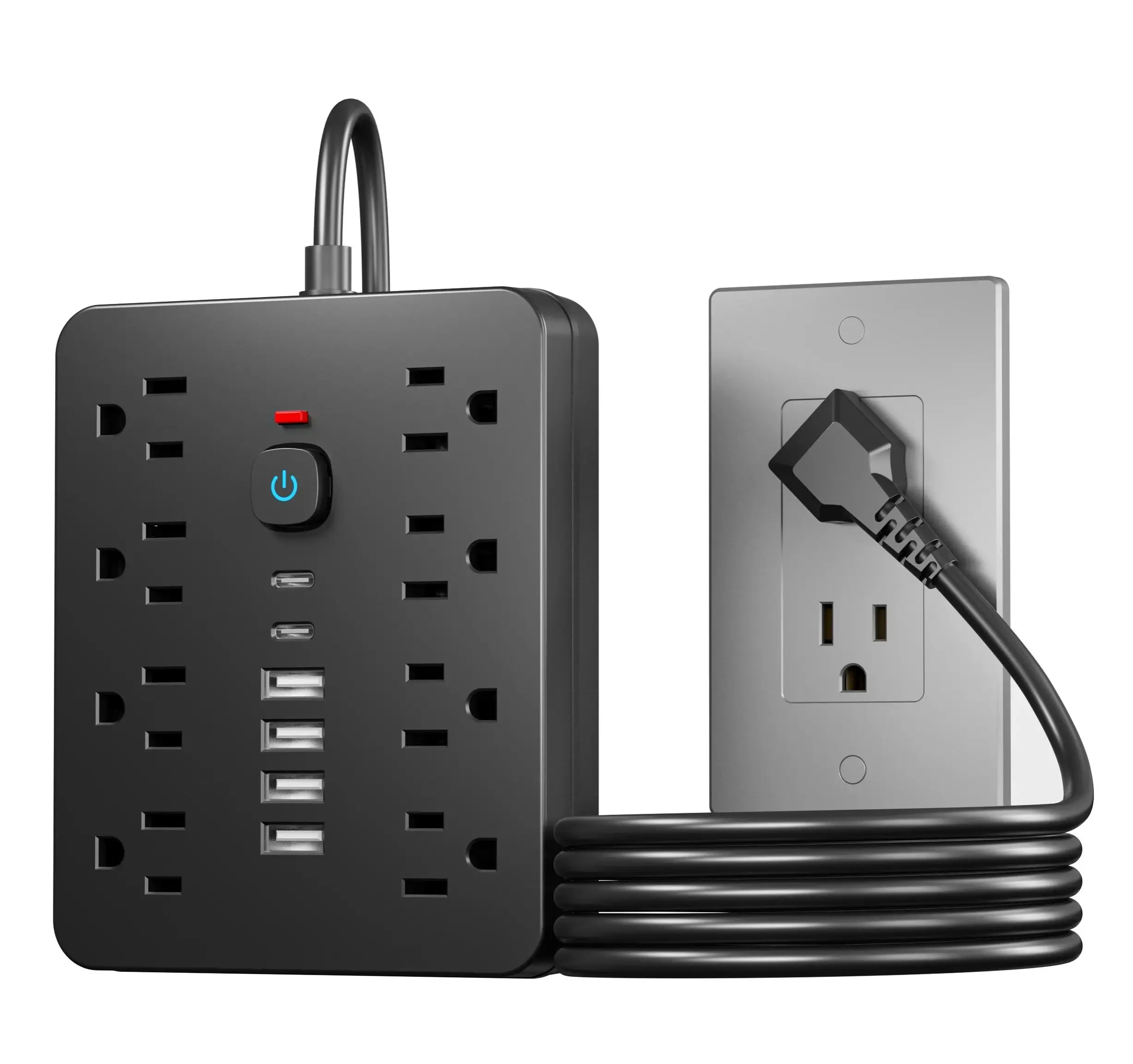 قطاع طاقة للحماية من زيادة التيار مع مفتاح - 8 منافذ تيار متردد و6 منافذ USB (بما في ذلك 2 USB-C) وسلك 5 أقدام/10 أقدام