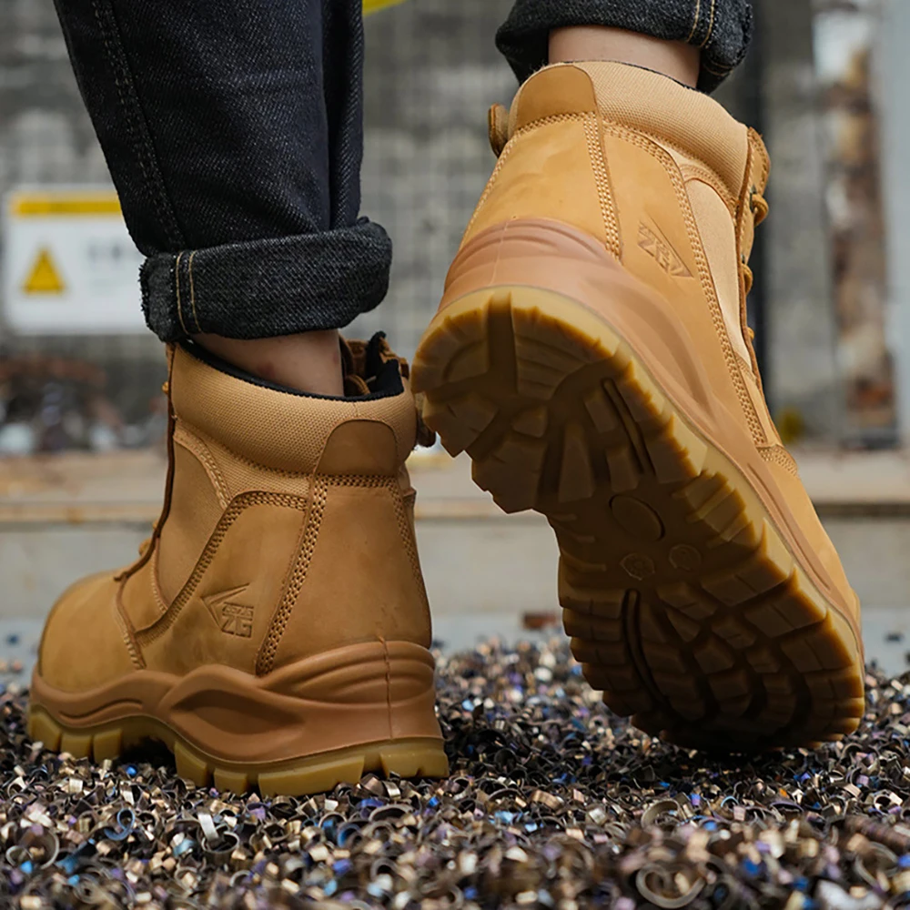 ArmorToe EN ISO 20345:2021 Crazy Horse أحذية أمان جلدية متوسطة القطع من الصلب عند أصابع القدم مقاومة للثقب برباط بني صناعي # درع3016