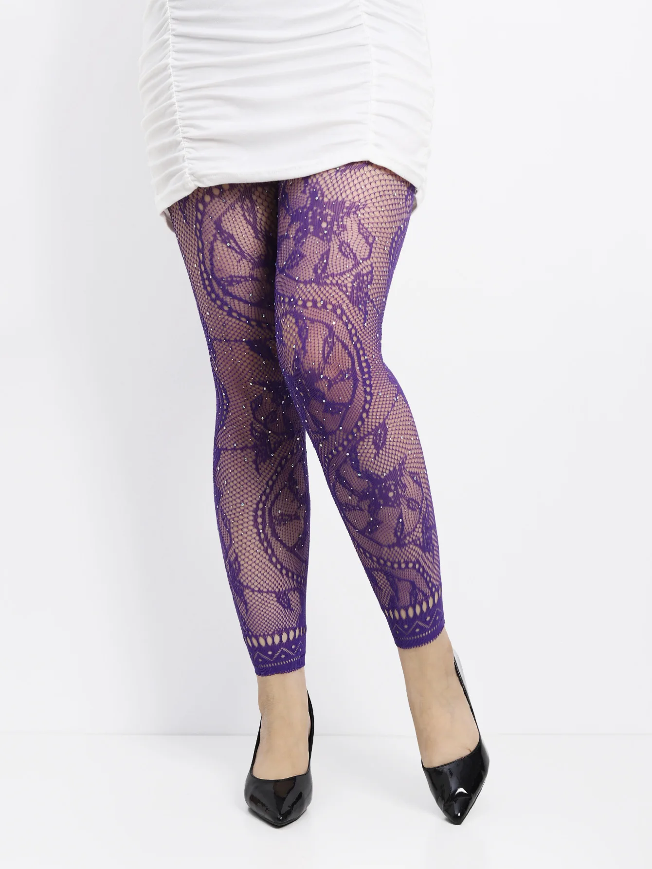 Damen-Strumpfhose mit hoher Taille, glitzerndem Strass-Fischnetz, fußlose Strumpfhose, Leggings, farbiges Retro-Stil-Muster für 45–85 kg Gewicht – Detail 30