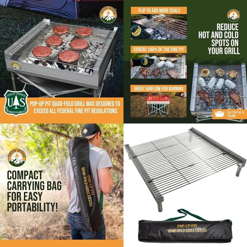 

Portable Quad-Fold Fire Pit Grill - Folding BBQ Grate for Outdoor Cooking and Camping Adventures