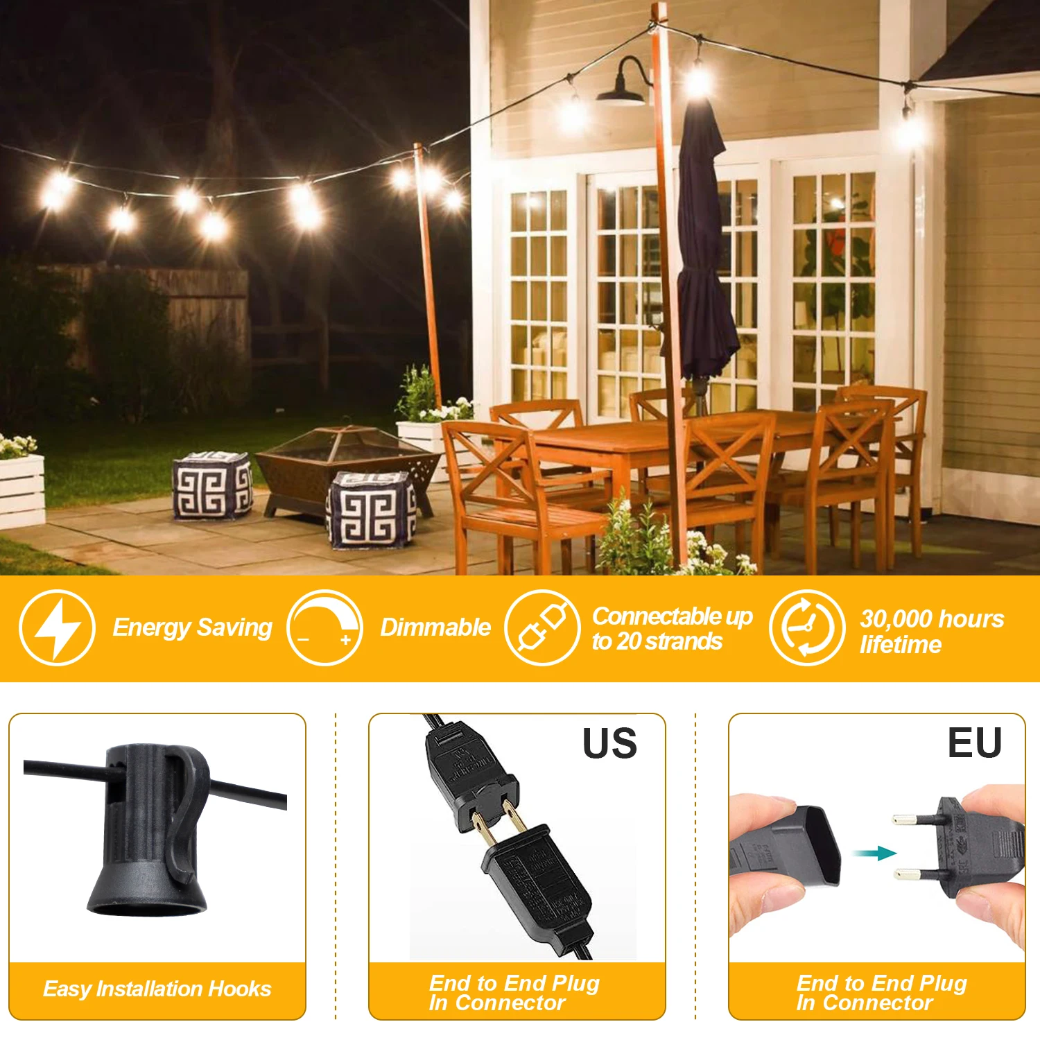 Imagem -04 - Impermeável Outdoor String Lights Street Guirlanda Decoração do Jardim Impermeável Retro G40 ue 220v E12 1w Festa de Casamento