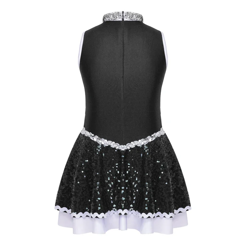 Kids Girls Cheerleading Uniform Sleeveless Shiny Sequins Dance Dress Figure Skating Gymnastics Leotard Stage Performance Costume