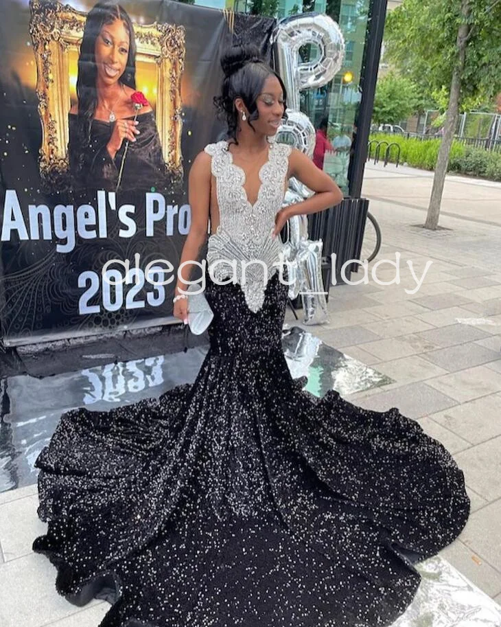 

Sparkly Black Silver Mermaid Evening Party Dresses for Women Luxury Crystal Velvet Prom Ceremony Gown vestidos de gala mujer