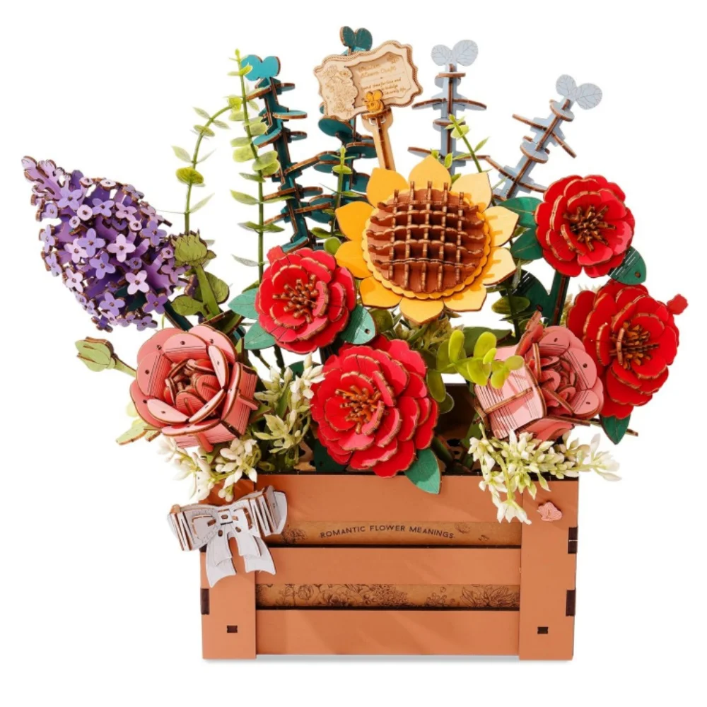 Robotime 3D Puzzle DIY Wooden Puzzle Flower Bouquet Flowers Model Kits Handcraft Building Set Home Decoration with Wooden Box