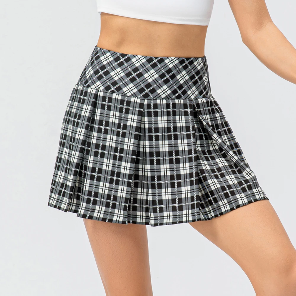 Women Sport Skort with Pockets High Waist Pleated Check Printed Anti-glare Dance Golf Tennis Running Shorts with Skirt