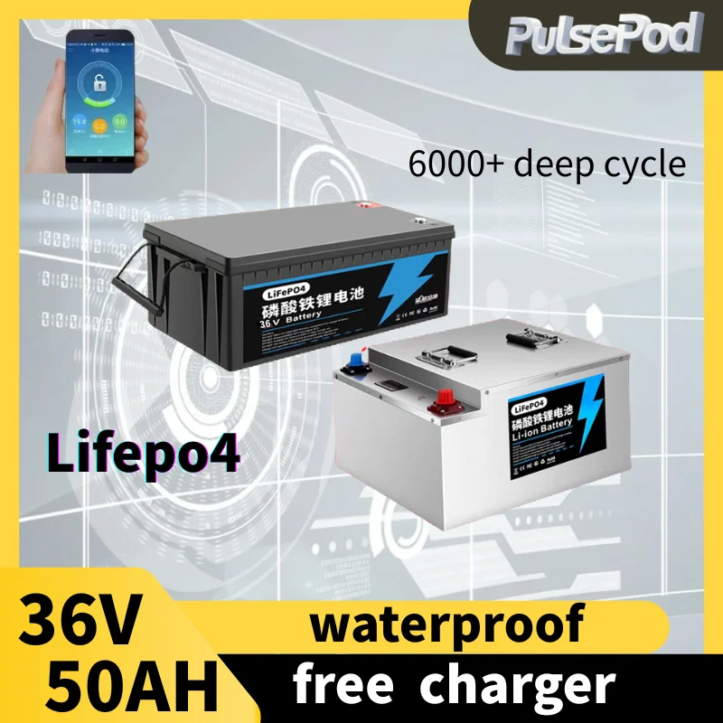 

Комплект литиевых батарей PulsePod 36 В 50 Ач с глубоким циклом Lifepo4, встроенный Bluetooth BMS 50 А для электрического мотоцикла, электрического трехколесного велосипеда