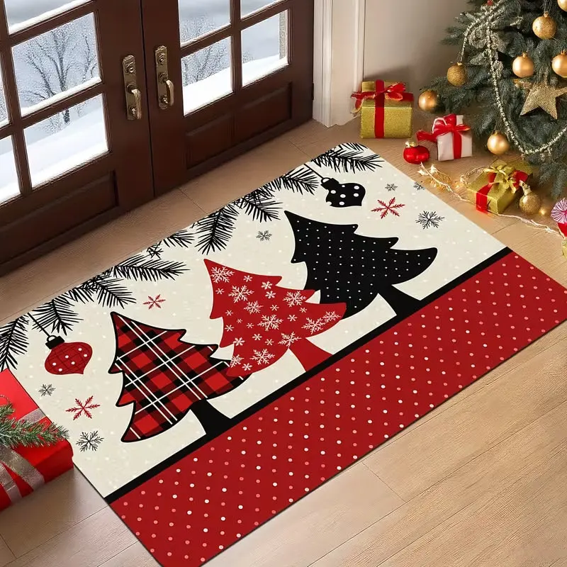 VIKAMA Navy Blue Gold Christmas Trees Stars Small Square Rug, Crystal Velvet Non Slip Washable Fluffy Soft Holiday Floor Mat