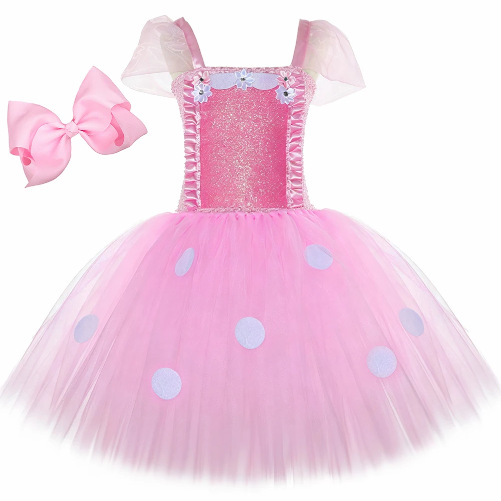 Baby Girls Fancy Polka Dot Tutu Dress Pink Cartoon Tulle Princess Dress Toddler Kids Halloween Festival Birthday Party Costume