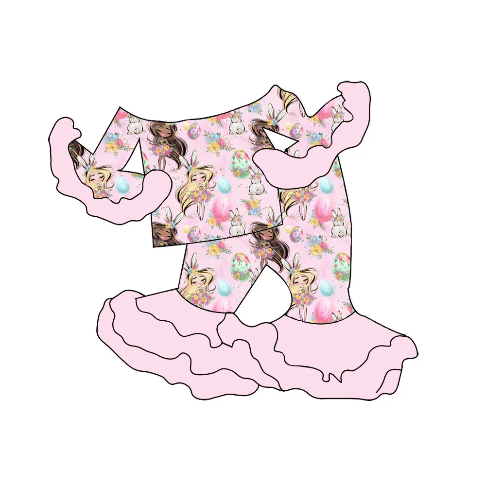 Boutqiue Fashion Easter Collection Girls Mesh Long Sleeve Flared Pants Suit Cute Bunny Print Party Celebration Outfit