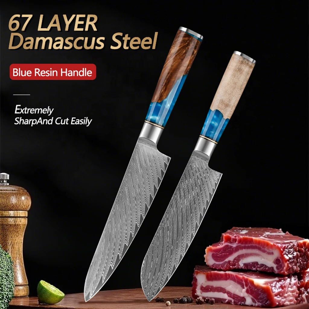 

Damascus Knife 2 Pieces Japanese Kitchen Knife with VG10 Steel Kitchen Chef's Knife with Blue Resin Handle
