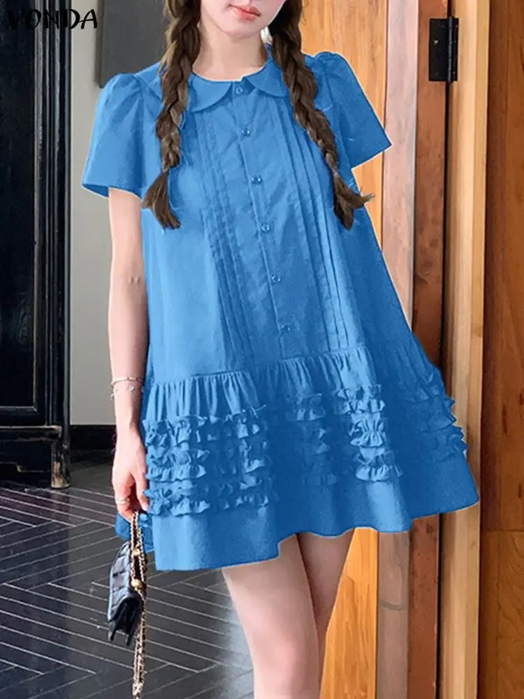 فساتين فوندا الحلوة للسيدات صيفية بأكمام قصيرة وياقة بيتر بان فستان صيفي مكشكش موضة 2025 فساتين صغيرة على شكل كعكة صلبة بطيات #2