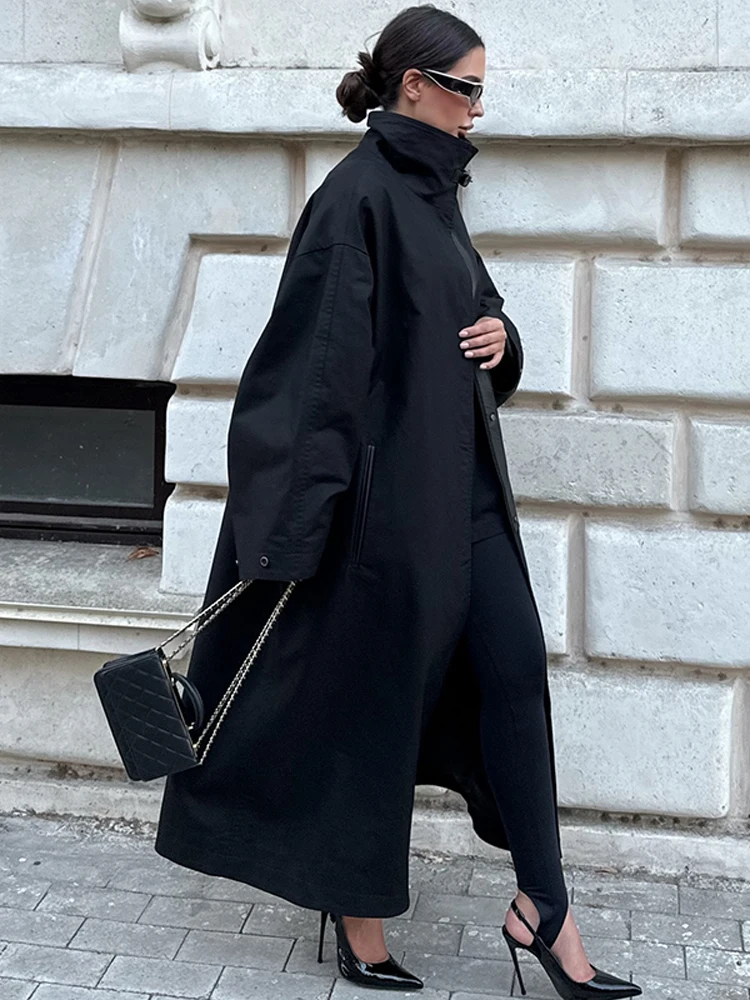 Women Black Long Stand Collar Trench Overcoat High Neck Oversized Dropped Shoulder Long Sleeve Garment Spring Autumn Outerwear