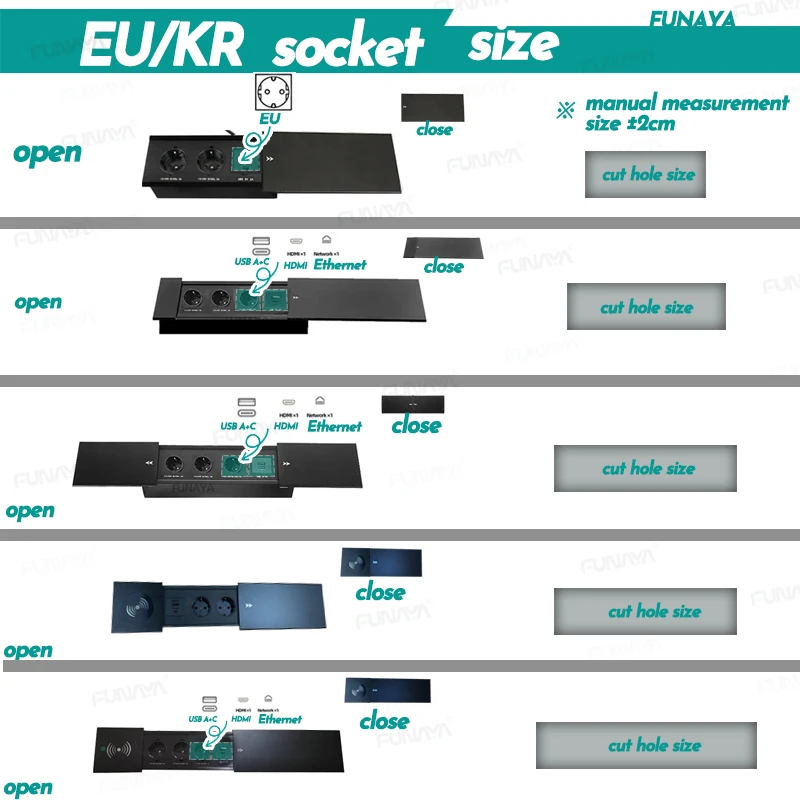 Soquete oculto de mesa incorporado 2 3 tomadas com 2 usb rj45 cat6 carga sem fio ue kr multi plug 10a 110 ~ 250v 2600w tomada preta