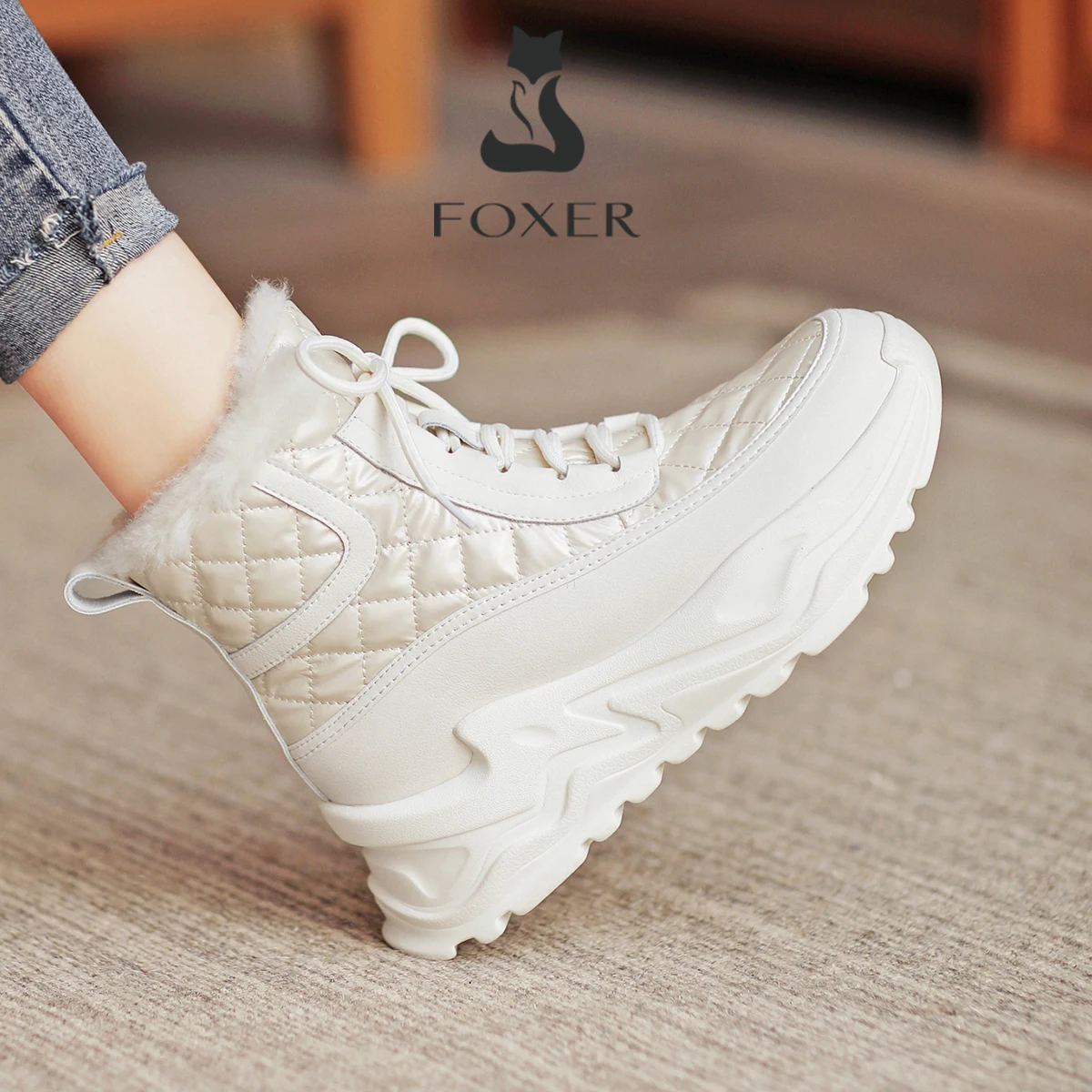 FOXER Brand Split Leather Women Snow Boots Luxury Shoes 2026 Winter Versatile Plush Warm Thick Sole Short Boot Increasing Casual