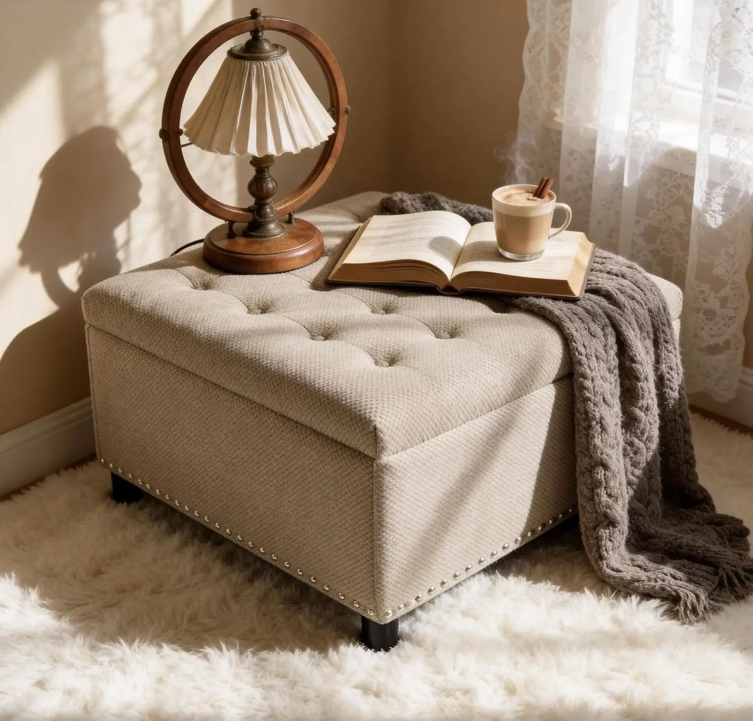 Oversized Square Storage Ottoman, Tufted Fabric Footstool, Mid Century Modern Foot Rest for Living Room, Camel, Customized
