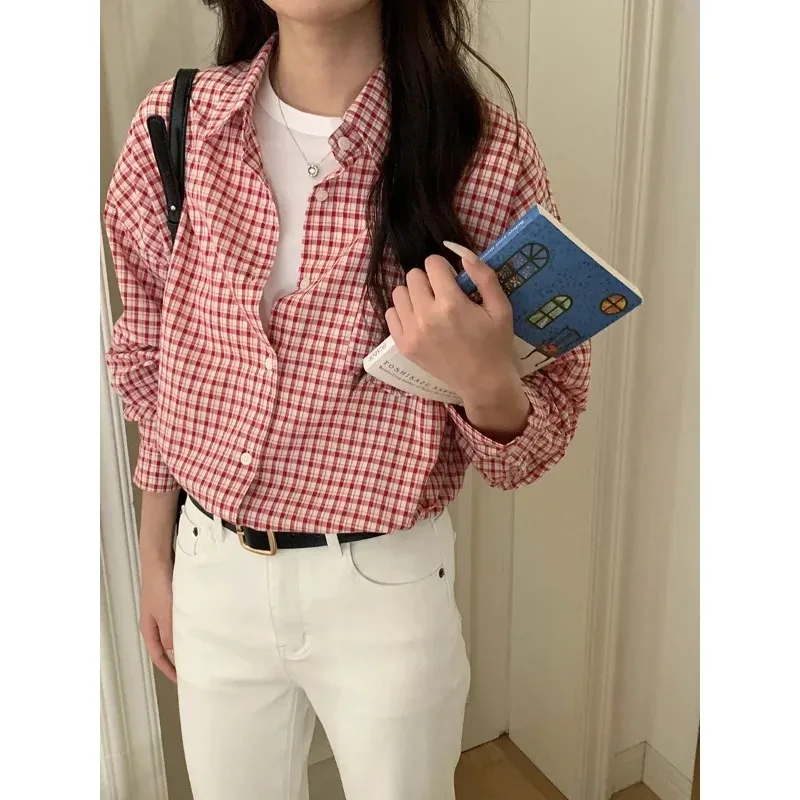 

Red Plaid Turn-down Collar Loose Long Sleeve Shirt