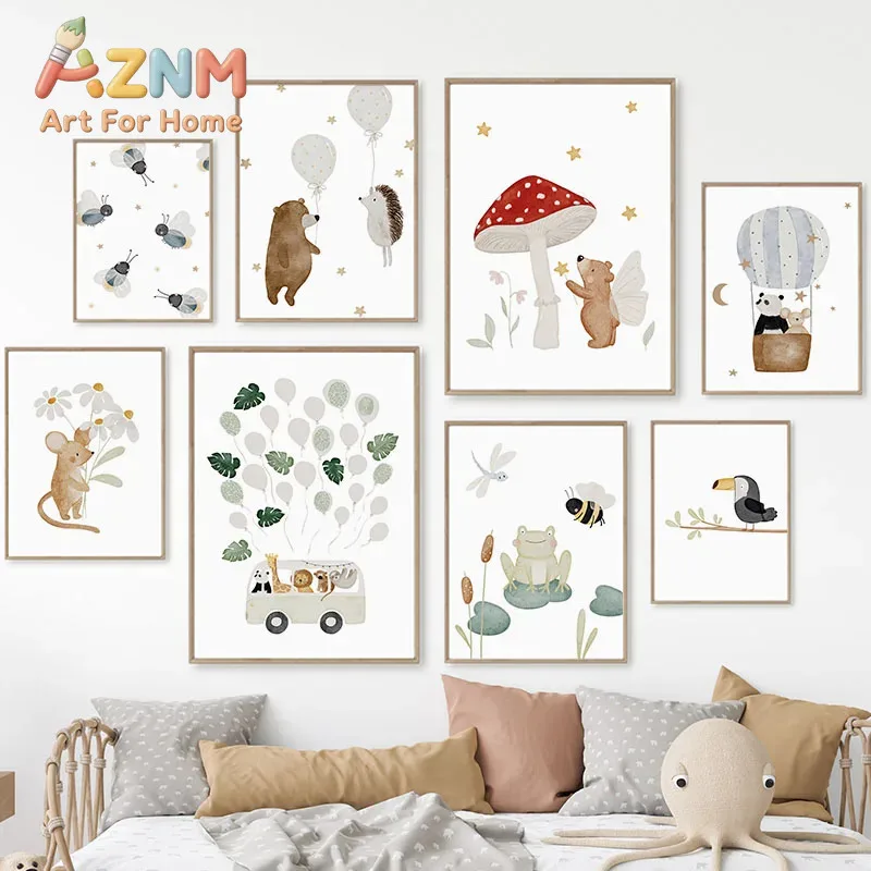 Boho Bear Hedgehog Panda Toucan Car Balloon Cartoon Posters Prints Canvas Painting Wall Art Pictures Kids Room Home Decor