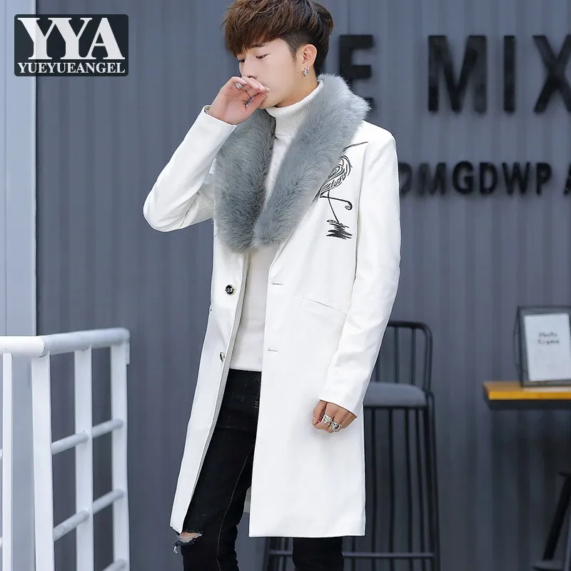 

Winter Mens Thick Warm Padded Long Trench Coat Slim Fit Fur Collar Pu Leather Overcoat Single Breasted High Street Windbreaker
