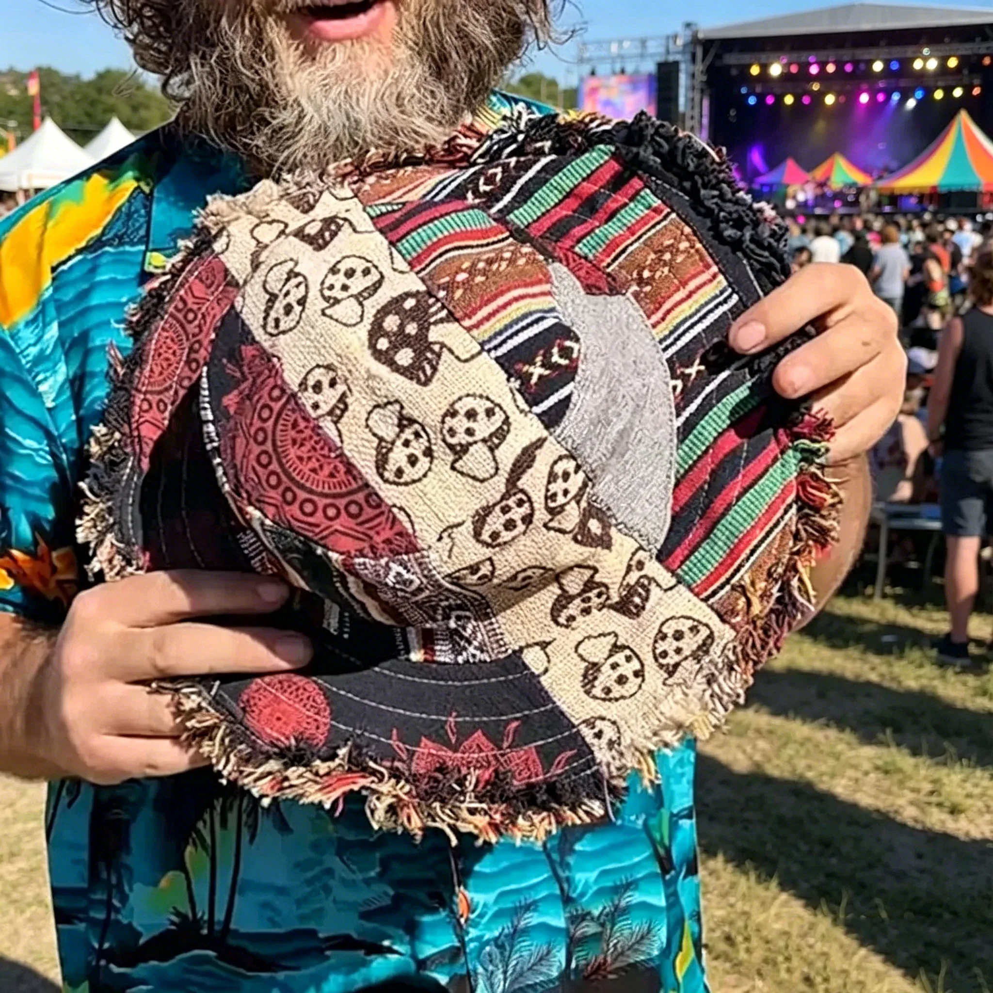 Foldable Patchwork Mushroom Print Woven Fabric Bucket Hat Hidden Pocket Wide Brim Sun Hat For Backpacking Vacation