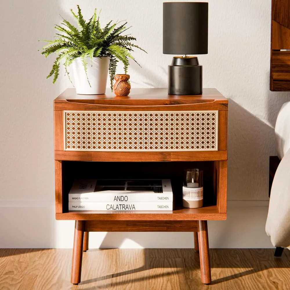 Nancy Solid Wood Nightstand with Elegant Curved Shape & Stunning Inlaid Rattan, Nightstand with Drawers Seamlessly Fit for A
