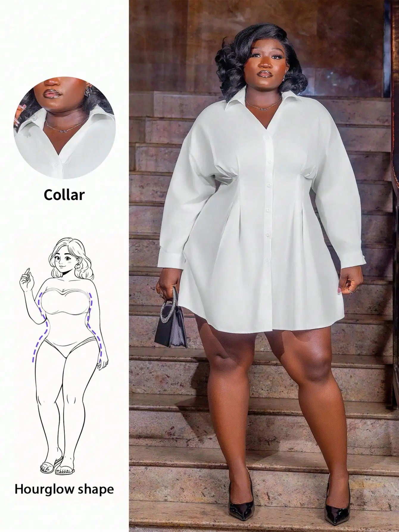 

Plus Size Women Elegant Casual Office White Waisted Long Sleeve Shirt Dress For Hourglass Body Shape