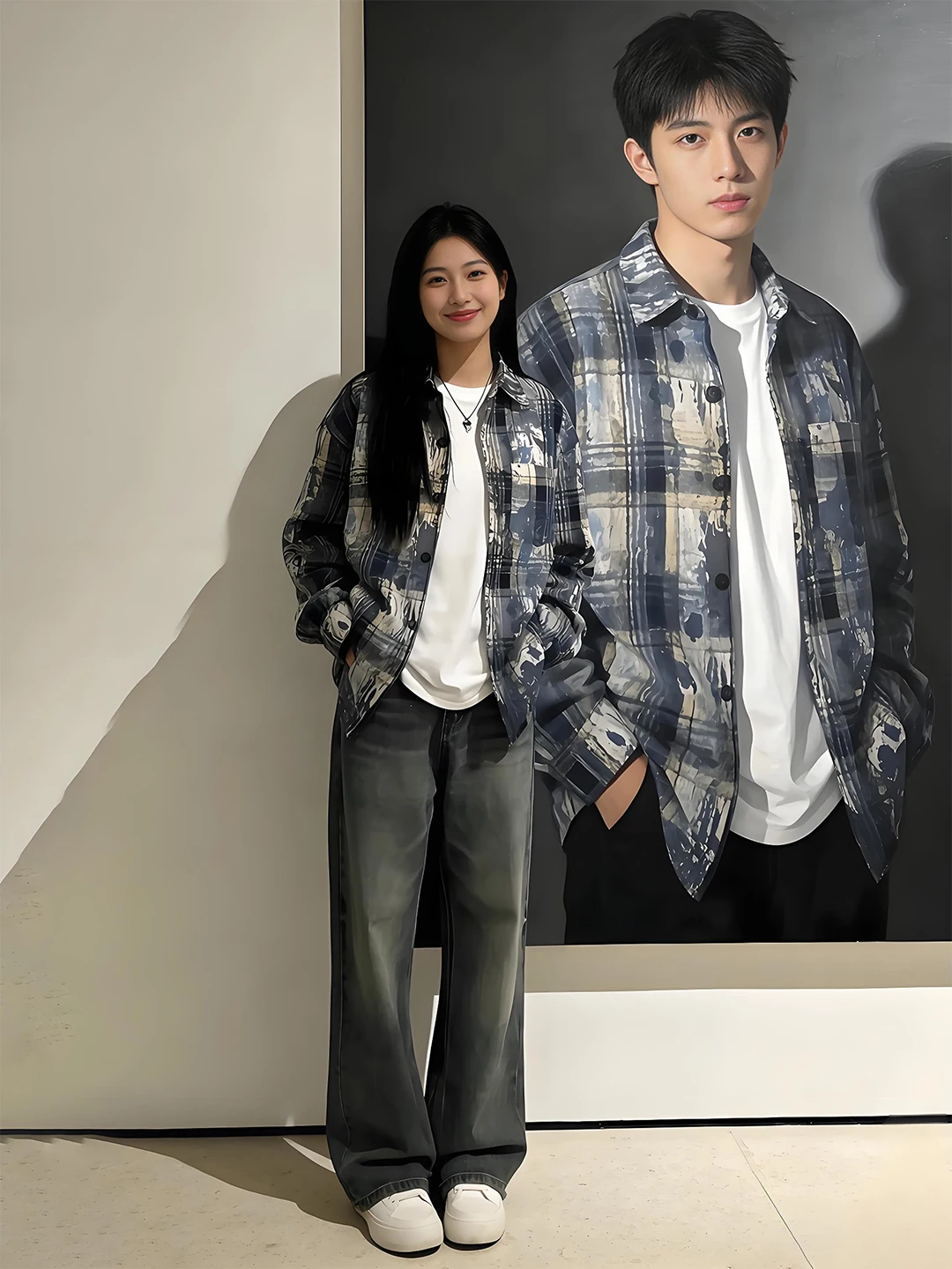 

American Sle Men's Plaid irt Blue Dyed Long Sve Layering Spring Autumn High Sensation College Sle Couple Jaet
