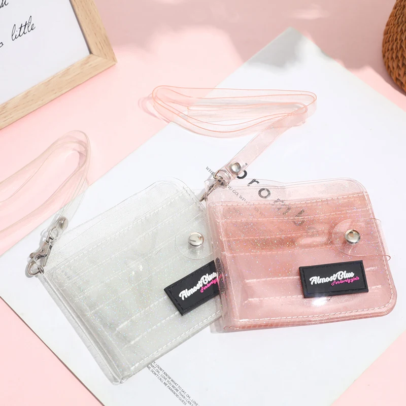 Monedero transparente de PVC para mujer, bolsa de gelatina transparente con láser, Mini portatarjetas de crédito, monedero transparente con cordón para el cuello