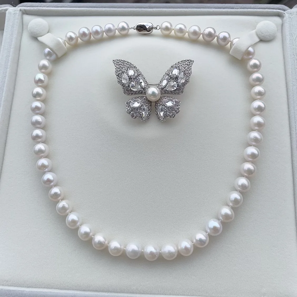 8-9mm Natural Freshwater Pearl Necklace Earrings Brooch Set, Near Round Strong Luster Slight Flaws, Complete Pearl Jewelry Gift