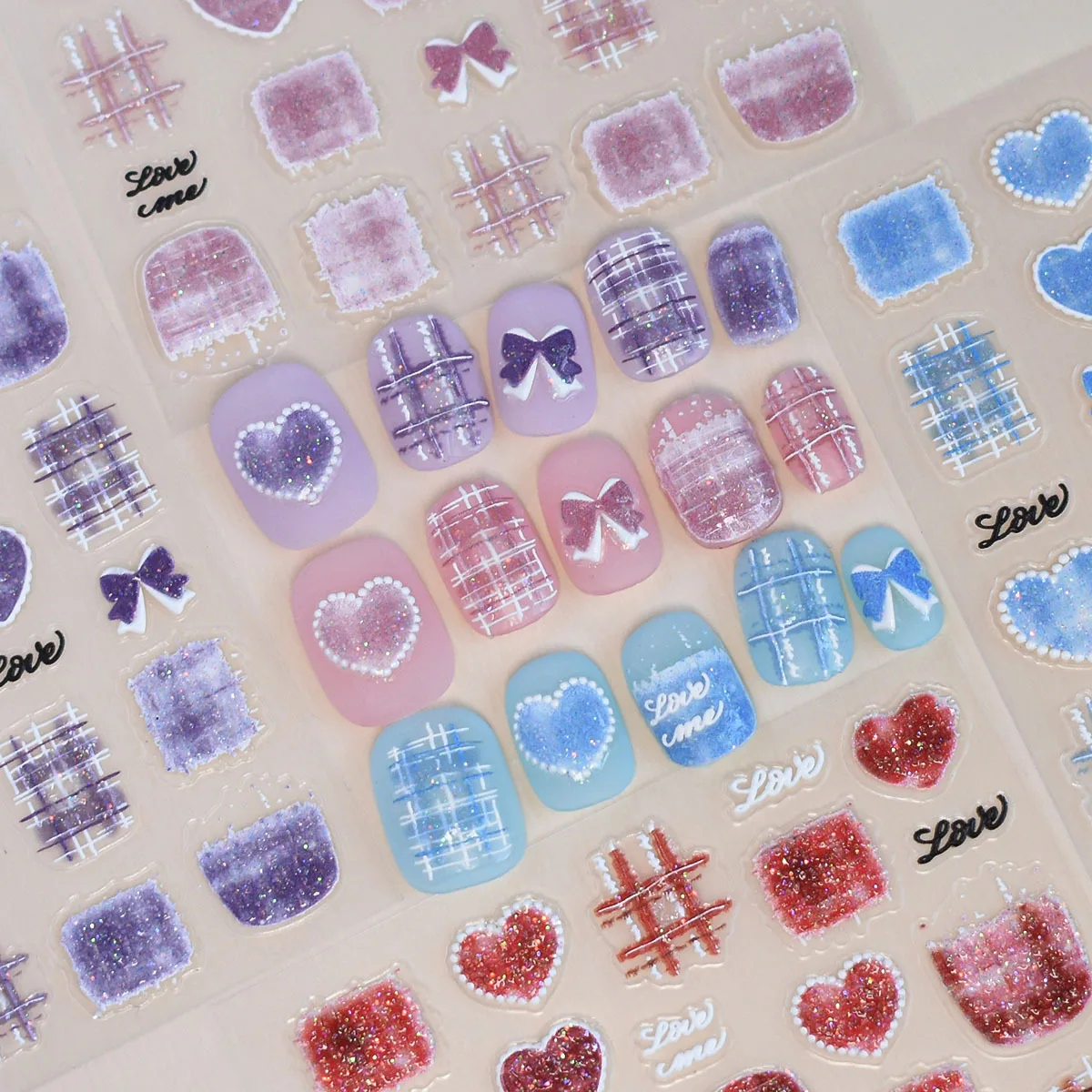 5D Y2K Glitter Plaid Nail Art Stickers Embossed Heart Bow Decals Self-Adhesive Nail Decorations DIY Manicure Nail Accessories