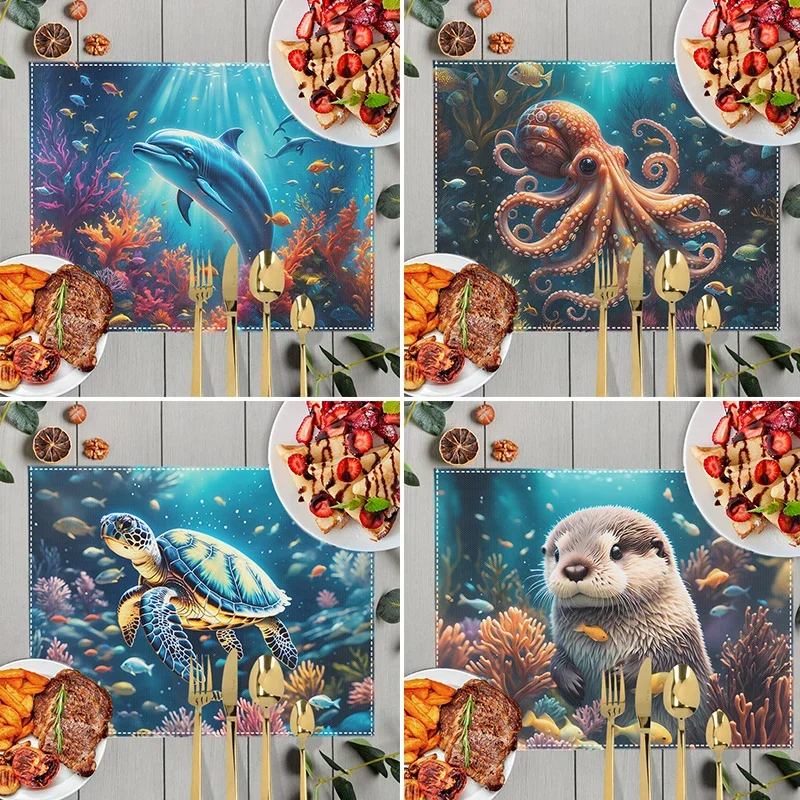 사랑스러운 돌고래 거북이 문어 불가사리 식탁 매트, 바다 동물 플레이스매트, 커피 코스터 패드, 주방 식탁보
