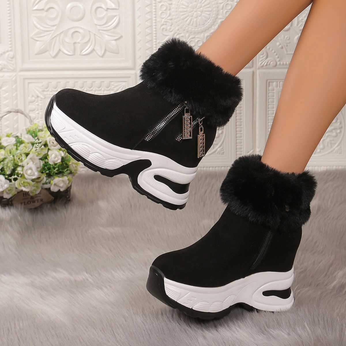 Women Wedge Boots Luxury Plus Plush Warm Snow Boots 2024 Winter New Fuzzing Increasing Sneakers Zipper Women\'s Platform Shoes