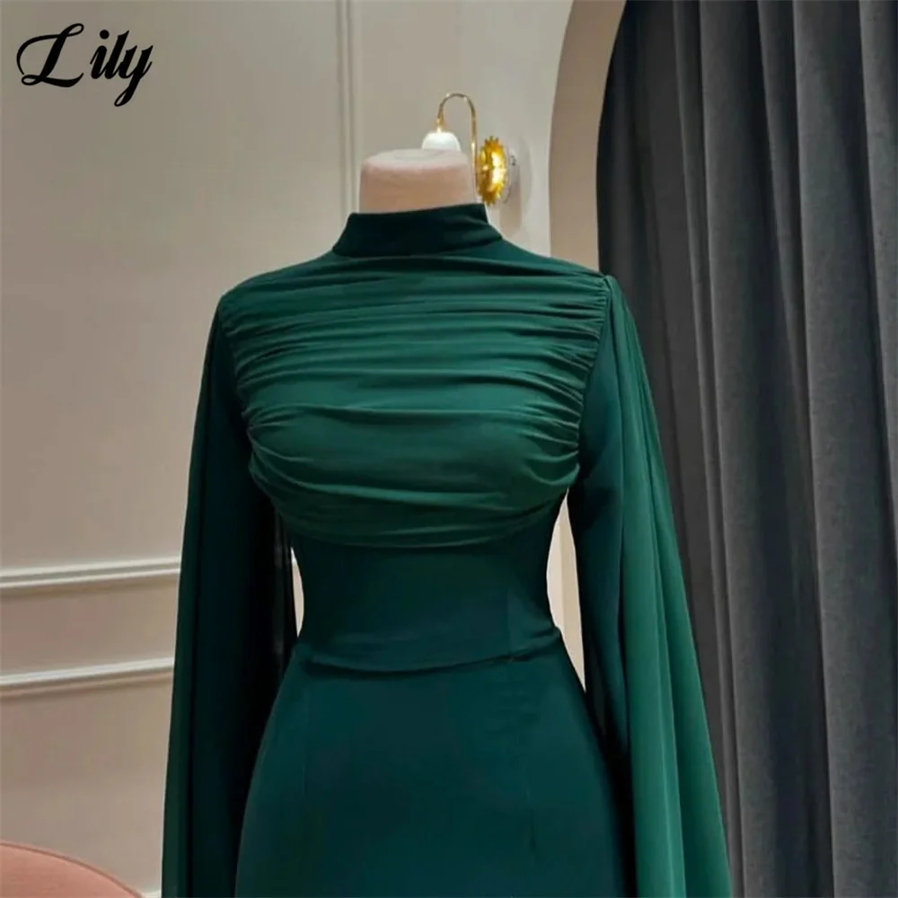 Lily Dark Green Elegant Formal Gown High - Neck Ruched Prom Dresses with Flowing Cape Sleeves Evening Dress for Women Customized image 2