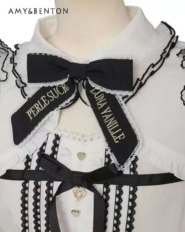 

Japanese Lolita Style Cute Fungus Edge Off Shoulder Long-sleeved Shirt Mine Series Bow Rhinestone Buckle Loose Slim Shirt Women