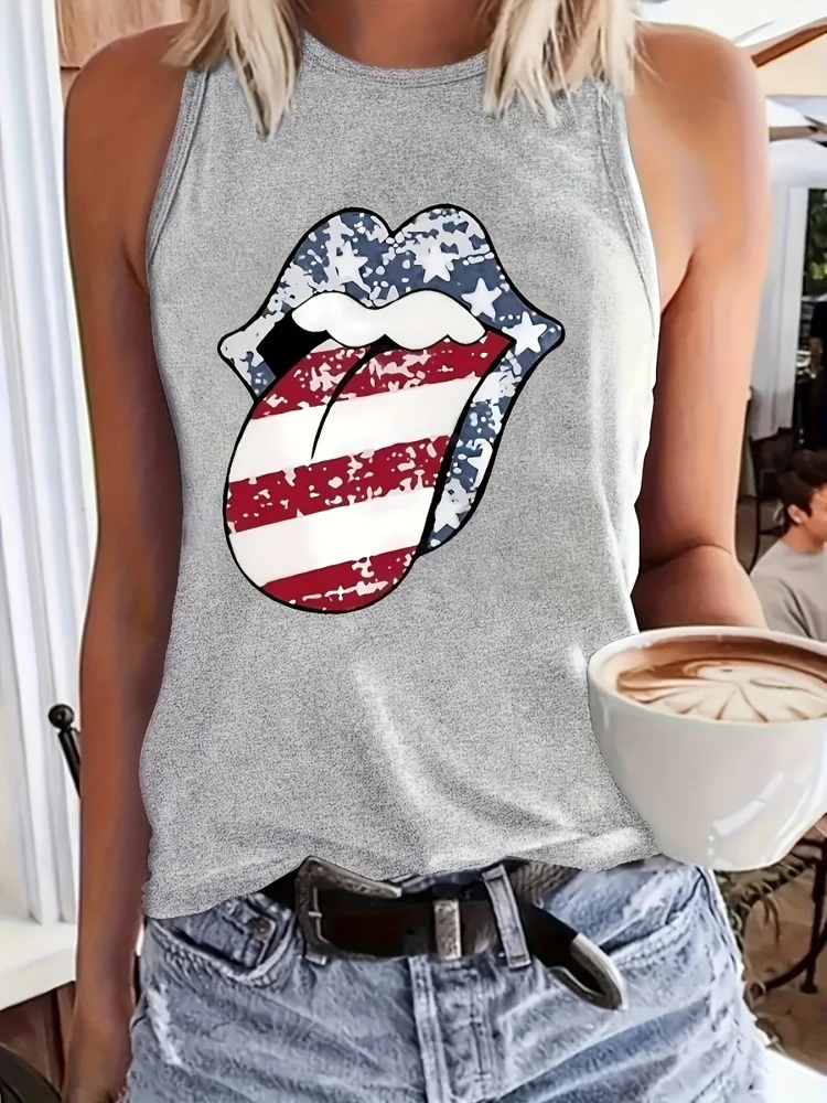 USA Flag Tongue Print Women's Sleeveless T-shirt Leopard Print Lip Print Women's Tank Top Summer Everyday Casual Women's Top